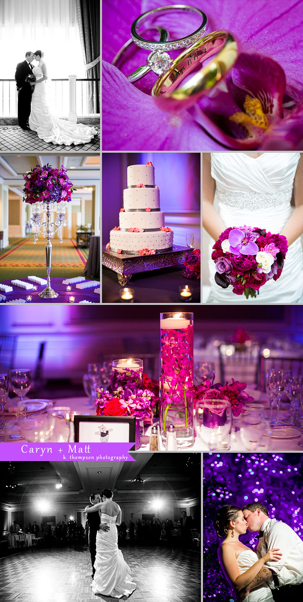 Wedding reception at the Ritz in Tysons Corner Virginia with Purple Lighting and Pink Flowers