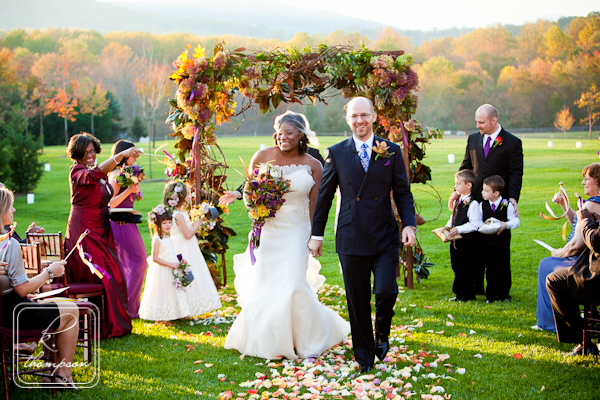 Bride and groom walk down aisle after Fall wedding ceremony at the Inn at Little Washington