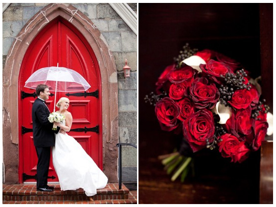 red and black wedding with umbrella in Georgetown DC