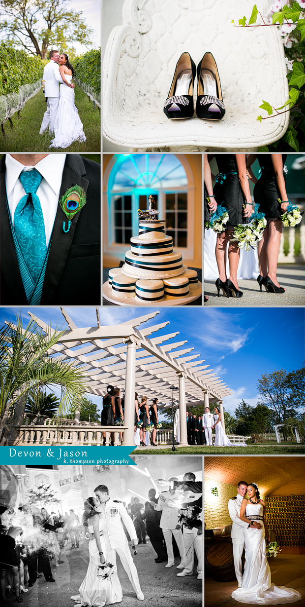 Outdoor wedding ceremony with teal and peacock feathers at Morais Vineyard in Virginia