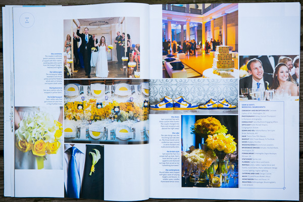 Blue and yellow wedding feature in the Knot magazine at the Corcoran Gallery of Art DC