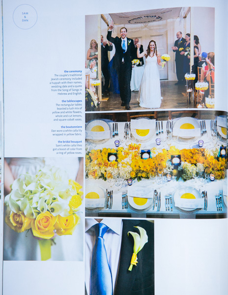 Blue and yellow wedding feature in the Knot magazine at the Corcoran Gallery of Art DC